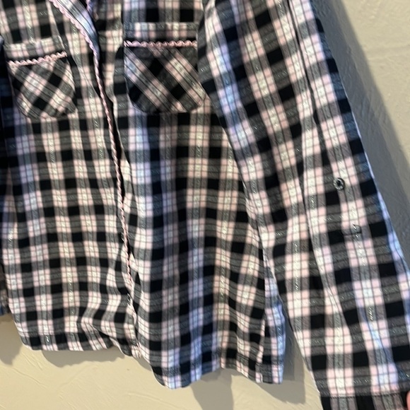 Victoria Secret Pajama Top black white pink plaid roll tabs sleeves Size S - Picture 6 of 13